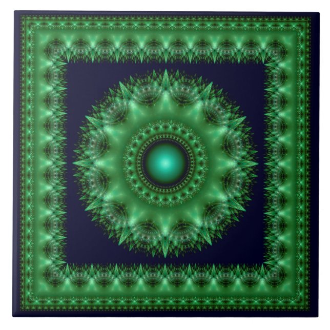 Mandalá verde fractal brilhante emoldurado (Frente)