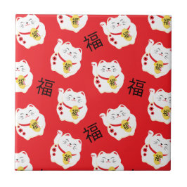 Maneki Neko Cute Lucky Cat Vermelho e Branco