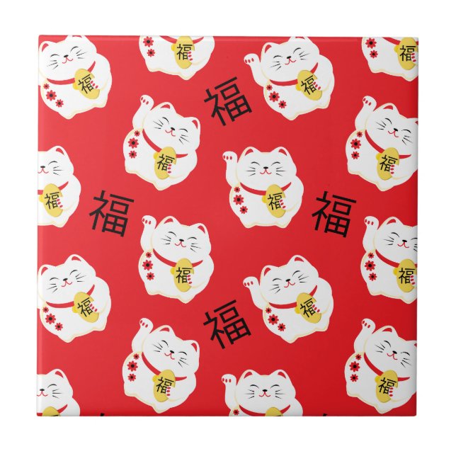Maneki Neko Cute Lucky Cat Vermelho e Branco (Frente)