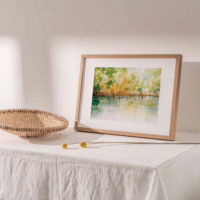 Mangrove Embrace: Impressão de Aquarela Vibrante (Vibrant mangrove trees in this exquisite watercolor print, showcasing lush green and yellow hues.)