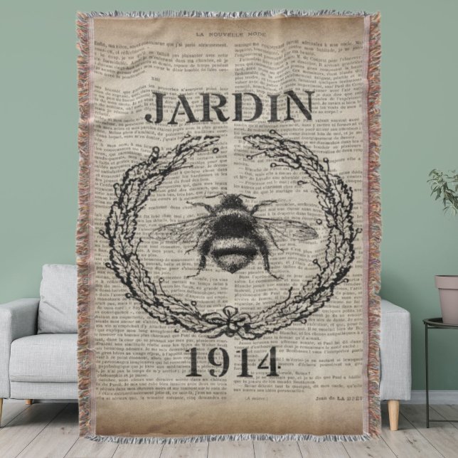 Manta abelha botânica moderna francesa (french country botanical modern vintage bee throw blanket)