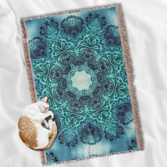 Manta Boho henna floral paisley turquoise teal mandala (Boho henna floral paisley turquoise teal mandala throw blanket)