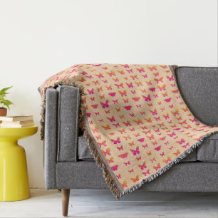 Manta Borboletas, laranja suave, rosa coral, dourado