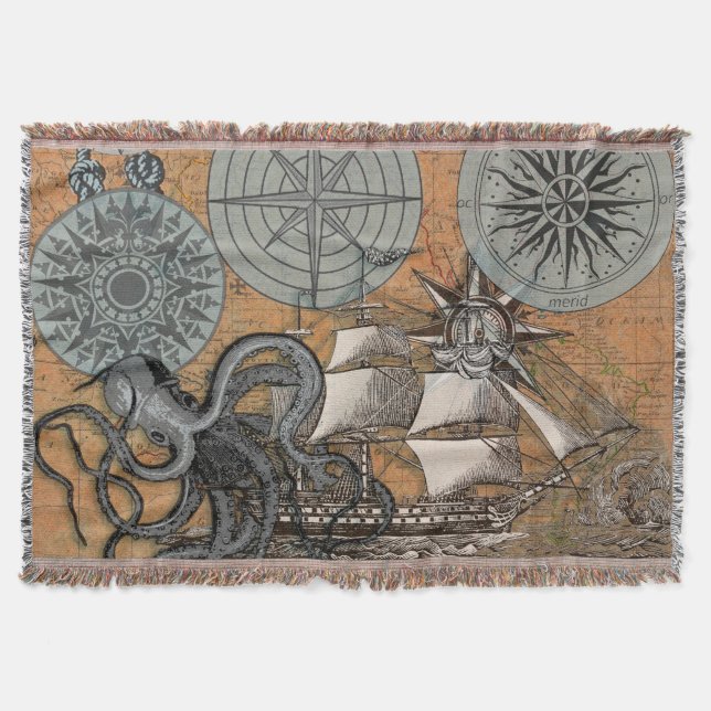 Manta Compass Rosa Vintage Navio Octopus Náutico (Frente)