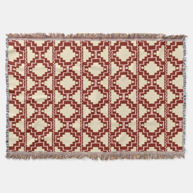 Manta Ikat Aztec Pattern - Beige, Borgonha e Rosa (Frente)