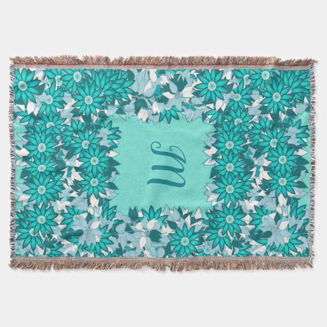 Manta Monograma com flores - azul e branco (Frente)