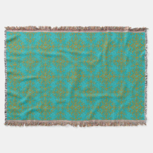 Manta Padrão de Estilo Damasco Floral Dourado e Turquesa