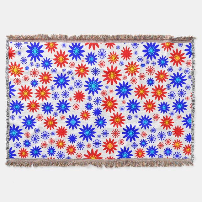 Manta Padrão de Flor - Azuis com Vermelho, Amarelo e Bra (Frente)