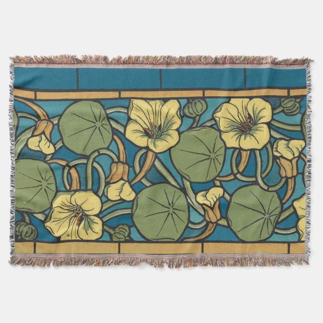 Manta Padrão Nouveau da Flor Nasturtium Amarelo Azul (Frente)