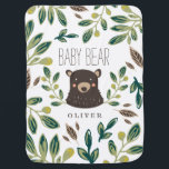 Manta Para Bebe Cubo de Urso<br><div class="desc">Woodland temed baby design por Shelby Allison apresentando uma ilustração de designs florais verdes e brancos em torno de um retrato de filhote de urso doce com a palavra "urso bebê".</div>
