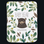 Manta Para Bebe Cubo de Urso<br><div class="desc">Woodland temed baby design por Shelby Allison apresentando uma ilustração de designs florais verdes e brancos em torno de um retrato de filhote de urso doce com a palavra "urso bebê".</div>