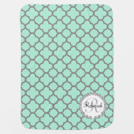 Manta Para Bebe Mint Green Cinza Quatrefoil Nome Monograma Laurel