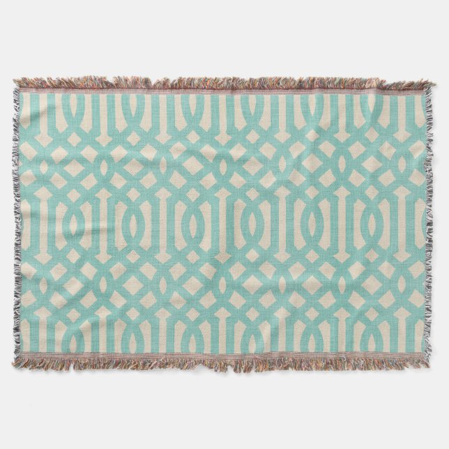 Manta Rustic Linen Beige e Aqua Trellis (Frente)