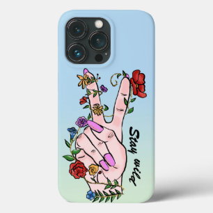 Mantenha-se selvagem, sinal de paz, dedos, flores,
