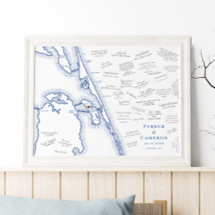 Manteo NC Map Elegante Weding Guest Book Poster