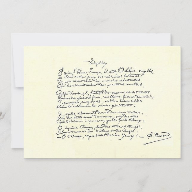 Manuscrito autografado do Cartão Voyelles (Rimbaud (Frente)