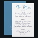 Manuscrito Whimsical Script Casual Azul<br><div class="desc">Este cardápio casual e caprichoso com uma fonte que imita a caligrafia é perfeito para um casamento de verão, um casamento casual ou qualquer outra celebração em que você gostaria de usar cartões de menu personalizados. Este modelo de menu apresenta um fundo azul - mas todas as cores deste cartão...</div>