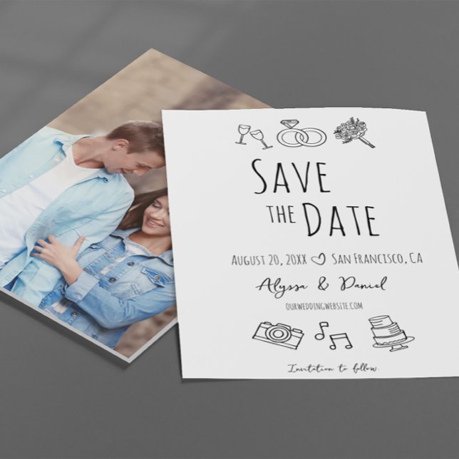 Mão de Foto Personalizada Desenhada Mínima Preta B (Whimsical hand drawn fun and unique photo wedding save the date cards.)