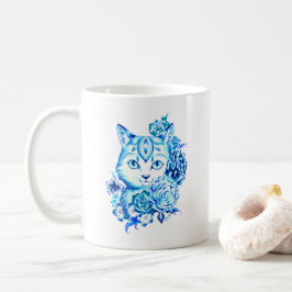 Mão elegante caneca azul tirada do gato de 10