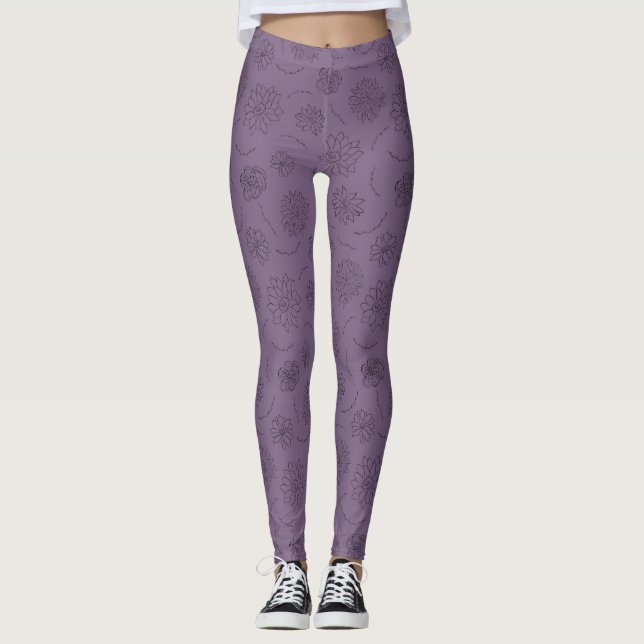 Mão Roxa Violeta Fez Leggings Florais Femininas (Frente)