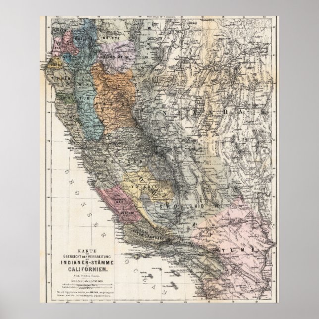 Mapa Alemão Antigo da Califórnia de 1879 Poster (Frente)