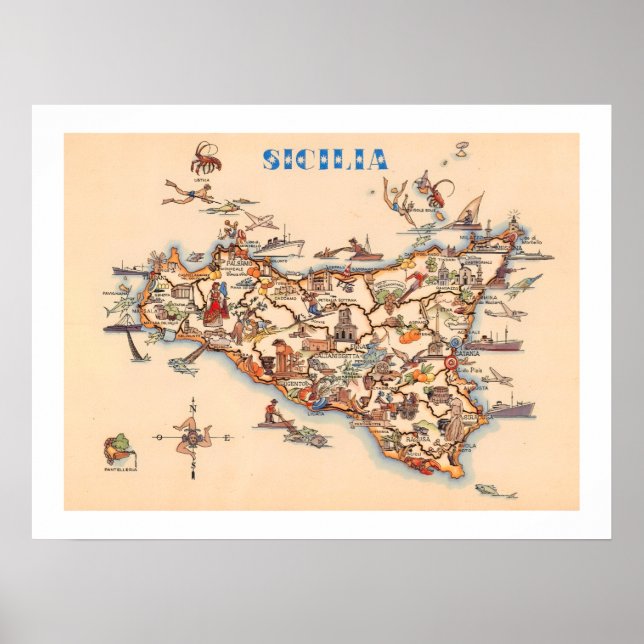 Mapa Antigo da Sicília Impressão (Frente)