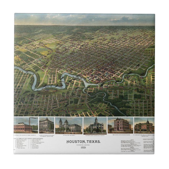 Mapa Antigo de Houston, Texas com o Rio Buffalo (Frente)