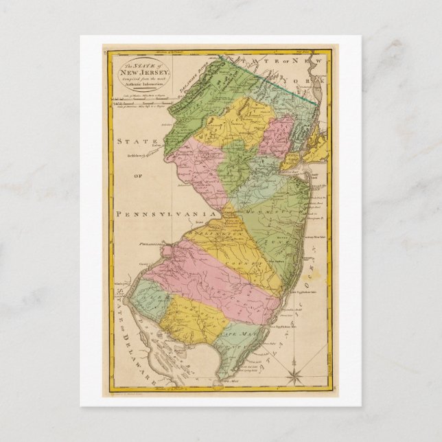 Mapa antigo do cartão postal de Nova Jersey, 1815 (Frente)