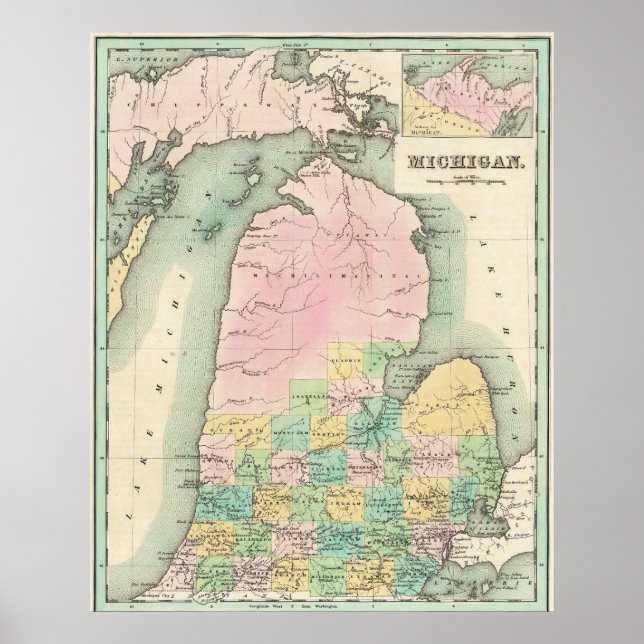 Mapa Antigo do Lago Michigan de 1838 Poster (Frente)