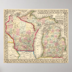 Mapa Antigo do Michigan e Wisconsin Poster 1867