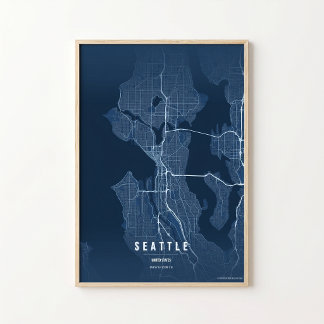 Mapa Azul de Seattle Impressão Arte de Parede da C
