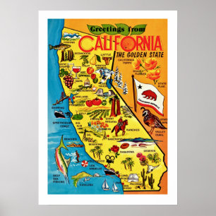 Mapa Colorido da Califórnia 20x28 Impressão