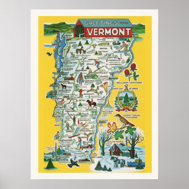 Mapa Colorido de Vermont 18 x 24 Impressão (Frente)