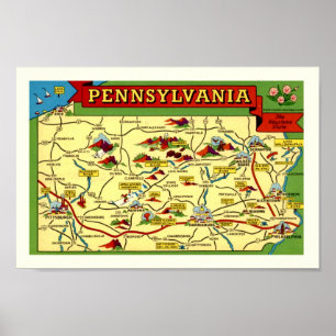 Mapa Colorido Vintage da Pensilvânia em Impressão