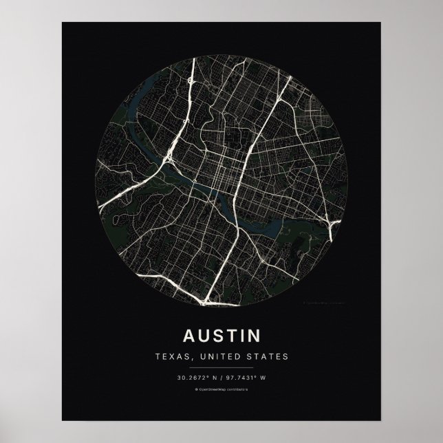 Mapa da Cidade de Austin TX em Preto Impressão de  (Frente)
