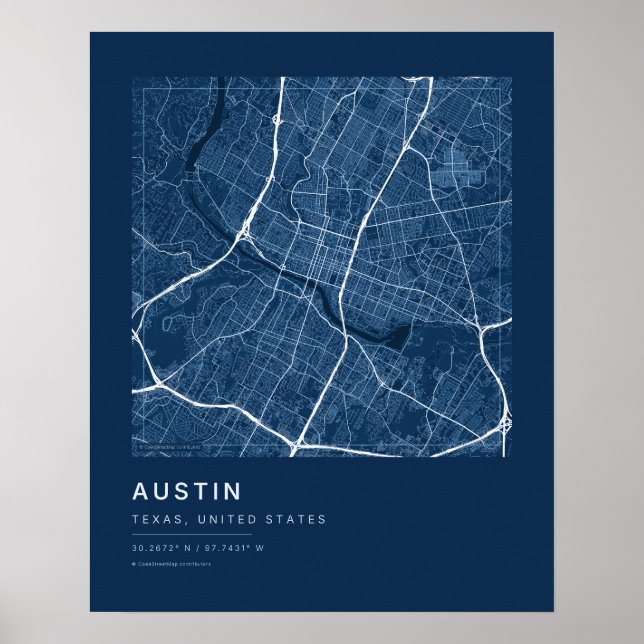 Mapa da Cidade de Austin TX Impressão — Mapa de Ru (Frente)
