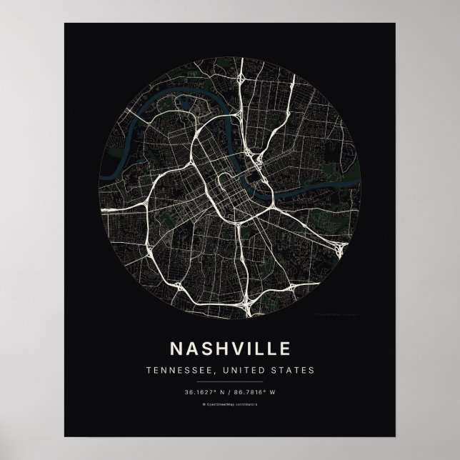 Mapa da Cidade de Nashville TN em Preto Impressão  (Frente)