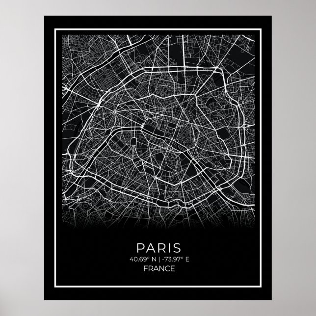 Mapa da Cidade de Paris - Poster do Mapa Negro de  (Frente)