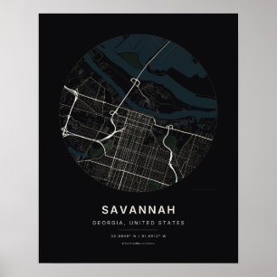 Mapa da Cidade de Savannah GA em Preto Impressão d