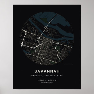 Mapa da Cidade de Savannah GA em Preto Impressão d