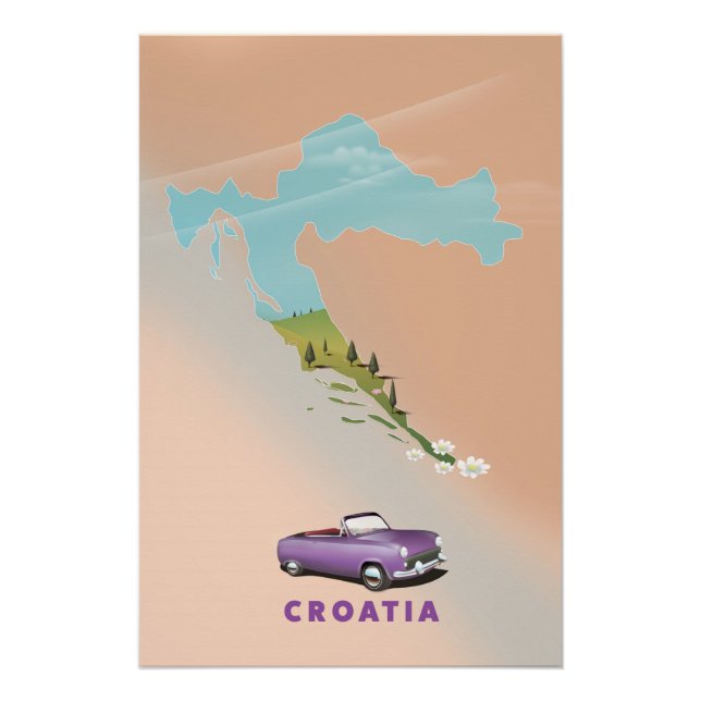 Mapa da Croácia Ilustrado impressão poster. (Frente)