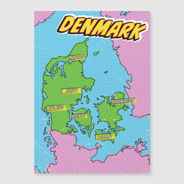 Mapa da Dinamarca ilustrado em Pop Art (Frente)