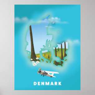 Mapa da Dinamarca ilustrado poster de viagens.