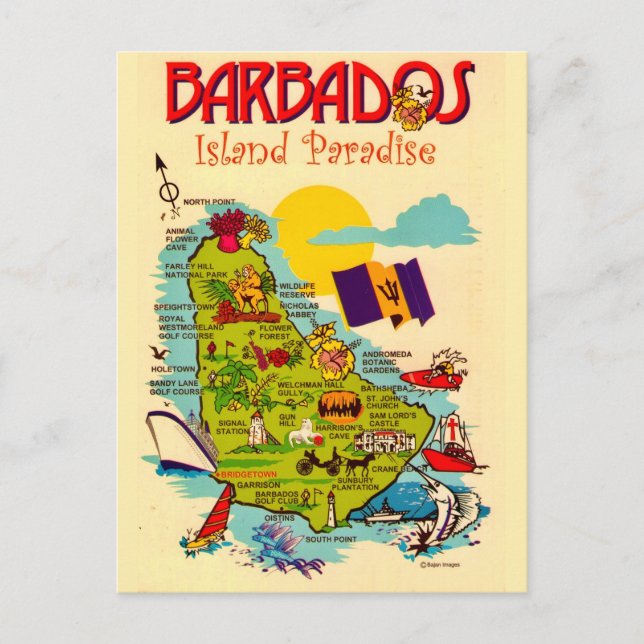 Mapa da Ilha de Barbados no Cartão Postal (Frente)