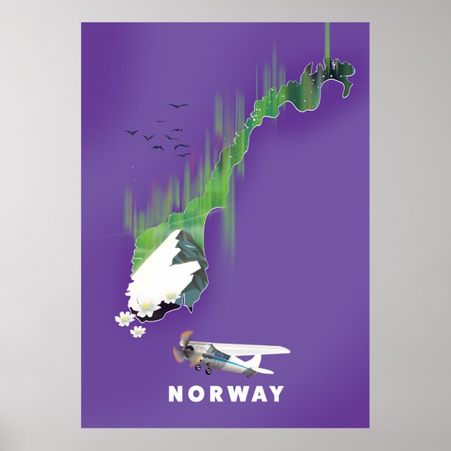 Mapa da Noruega, impressão ilustrada de pôster. (Frente)