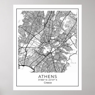Mapa de Atenas - Poster do Mapa Preto e Branco de 