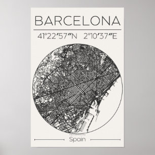 Mapa de Barcelona em Carvão Poster Minimalista Eur