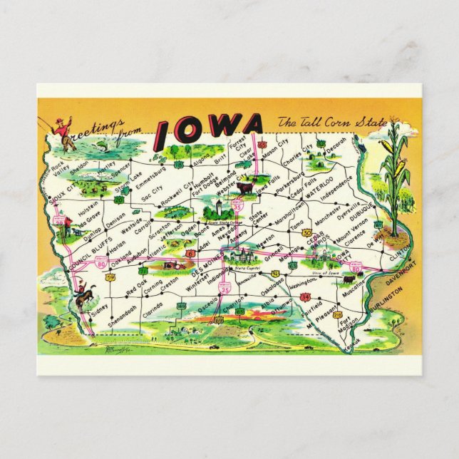 Mapa de cartão postal antigo de Iowa (Frente)