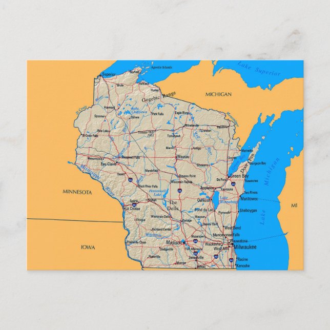 Mapa de Cartões Postes de Wisconsin (Frente)