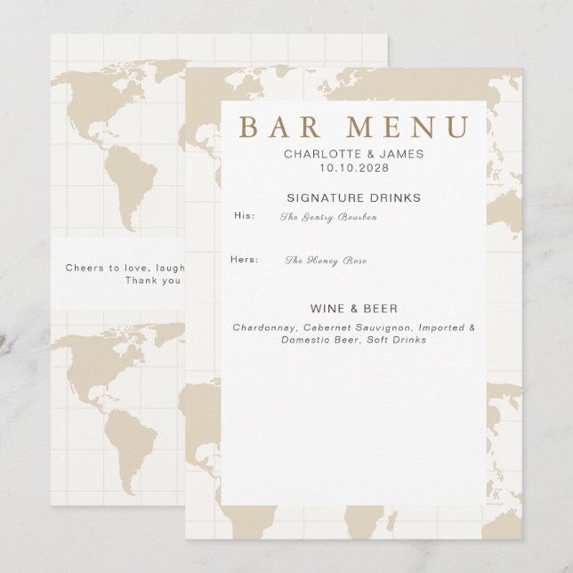 Mapa de Champanhe Dourado Favor de Sinal de Menu d (Frente/Verso)